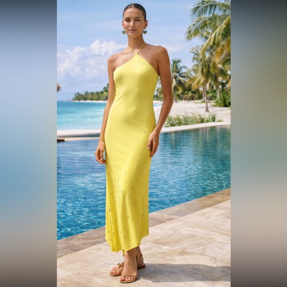 NWT Baobab Palomino Asymmetrical Halter Maxi Dress Gold Beads in Sunlight  Sz L